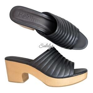 Beklina Ribbed Black Leather Open Toe Wooden Platform Clogs Mules Womens 10